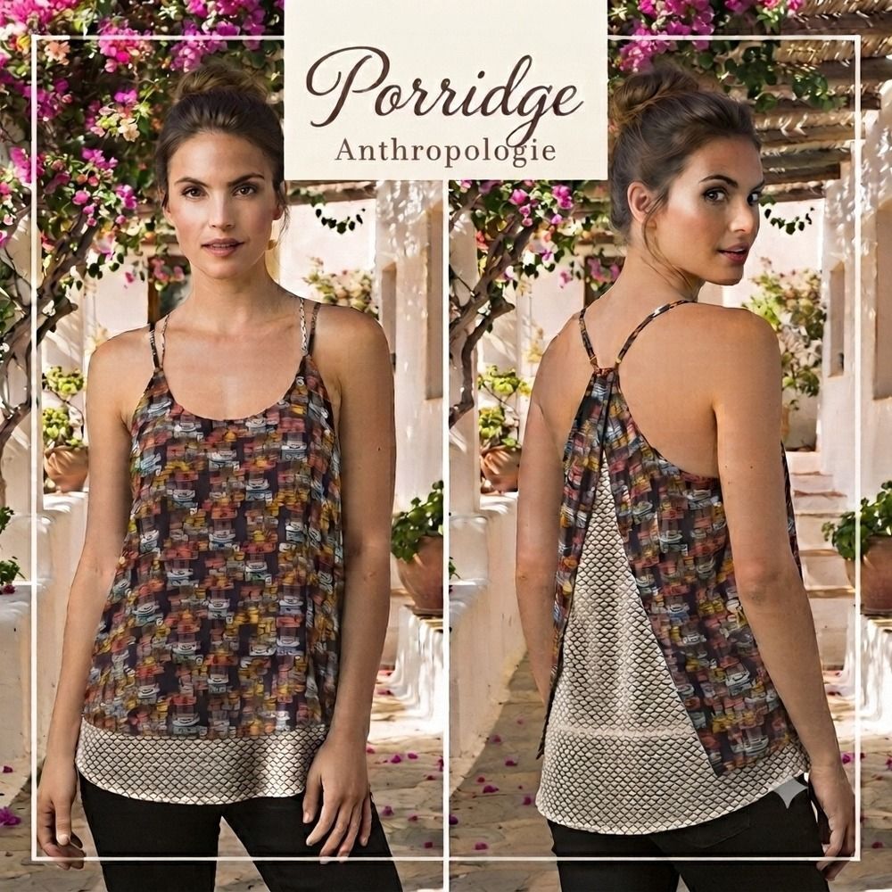 Porridge Anthropologie Small Suitcase Print Split Back Layered Tank Top Trendy